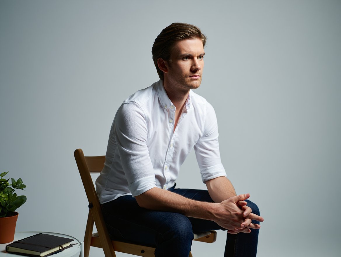 Мужчина сидит на стуле и размышляет